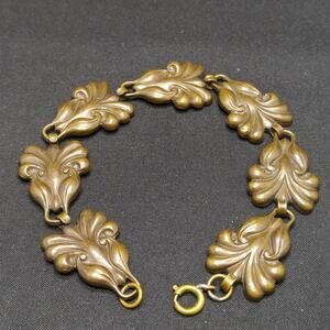 Vintage Antique Brass Link Bracelet, Seven Molded Links, 7 1/2 Inches